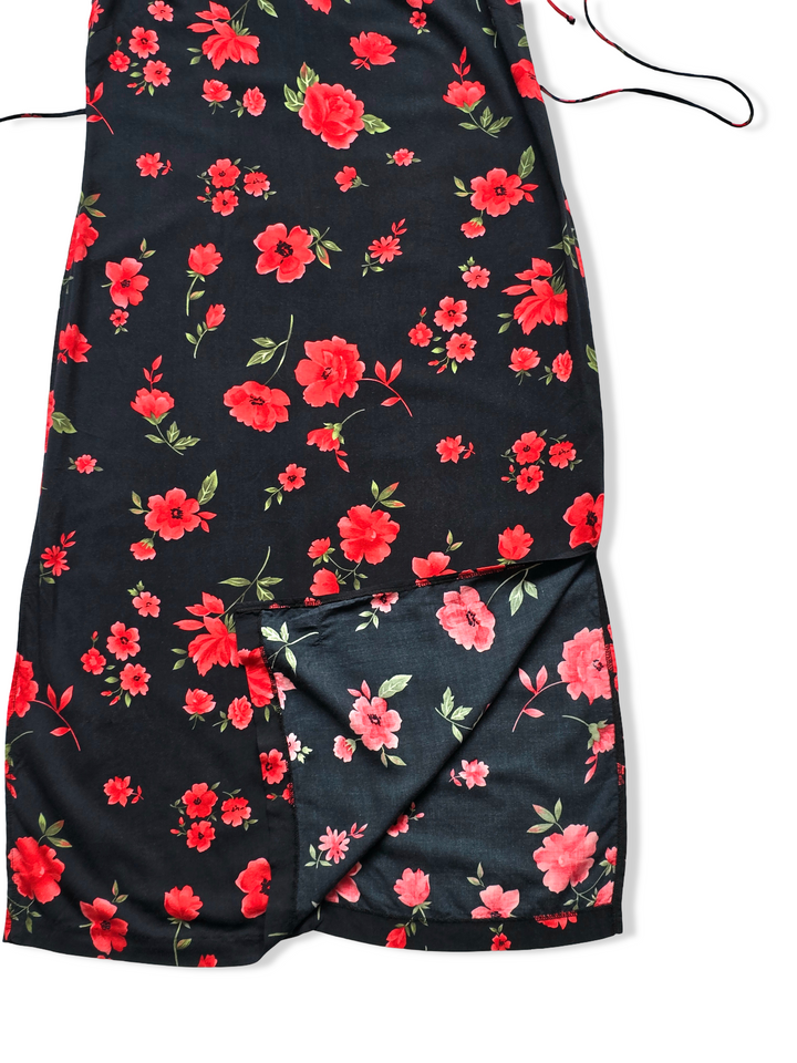 Vintage Black and Red Bold Floral Print Midi Dress - M