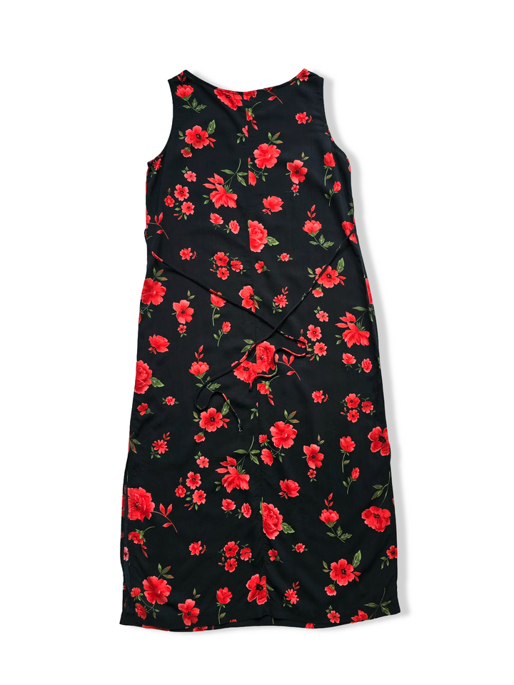Vintage Black and Red Bold Floral Print Midi Dress - M