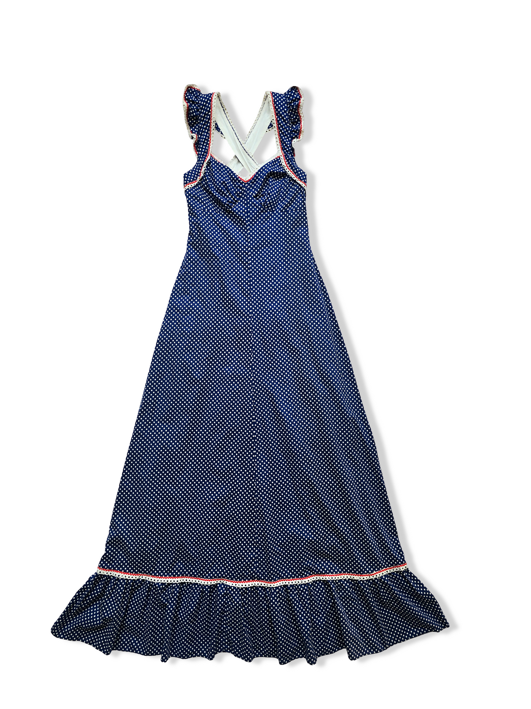 Vintage Blue and White Polka Dot Maxi Dress - XS