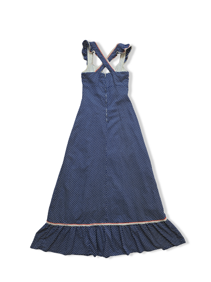 Vintage Blue and White Polka Dot Maxi Dress - XS