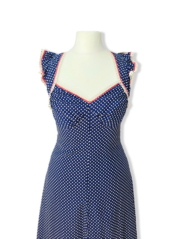 Vintage Blue and White Polka Dot Maxi Dress - XS