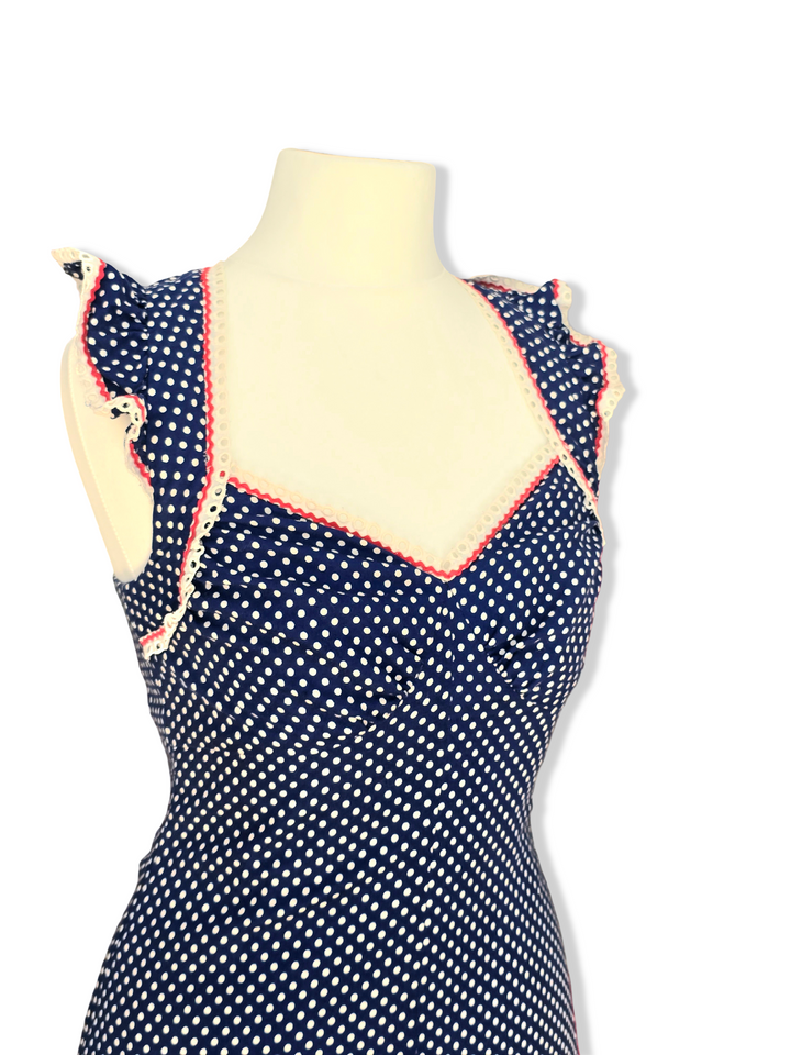Vintage Blue and White Polka Dot Maxi Dress - XS