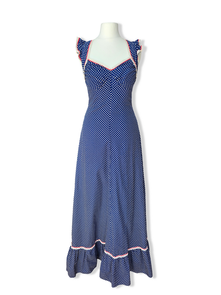 Vintage Blue and White Polka Dot Maxi Dress - XS