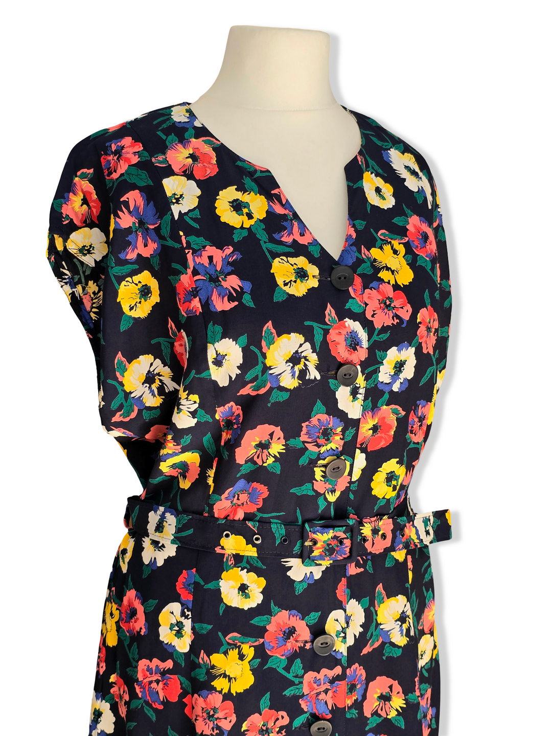 Vintage Floral Print Button Up Midi Dress - M