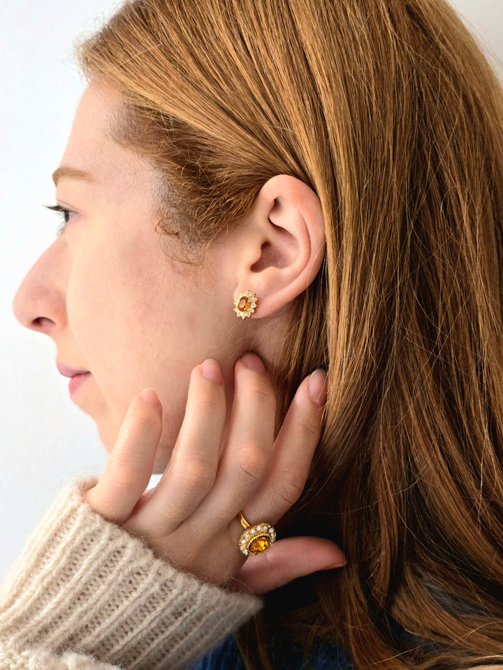 Vintage 80s Gold Plated Amber Crystal Cluster Stud Earrings and Ring Set