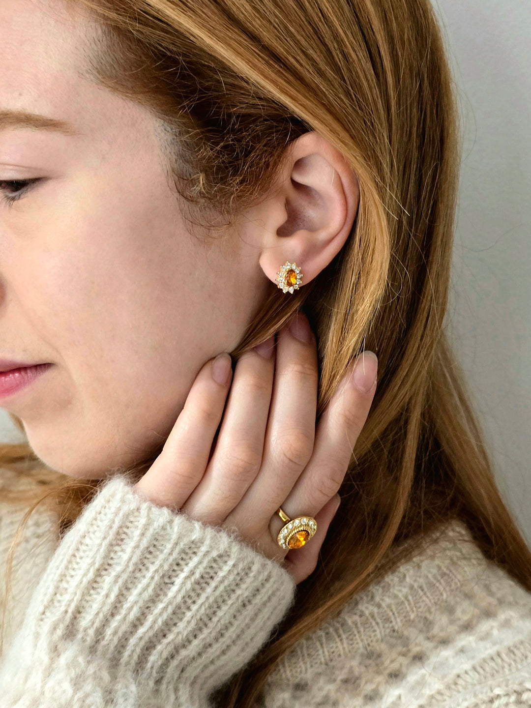 Vintage Gold Plated Amber Oval Cocktail Ring with Crystals
