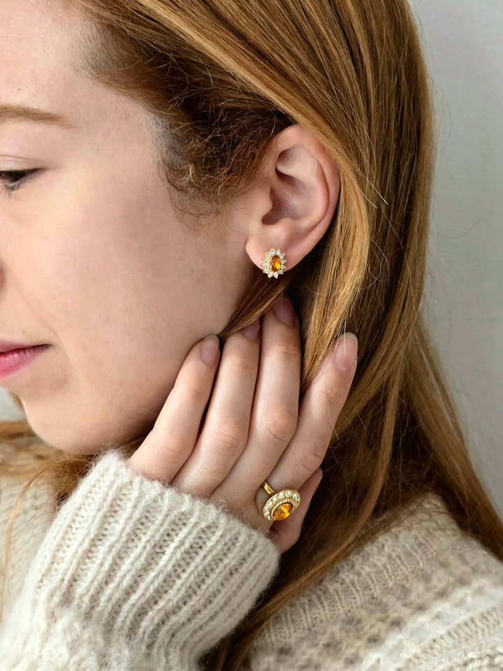 Vintage Gold Plated Amber Oval Cocktail Ring with Crystals