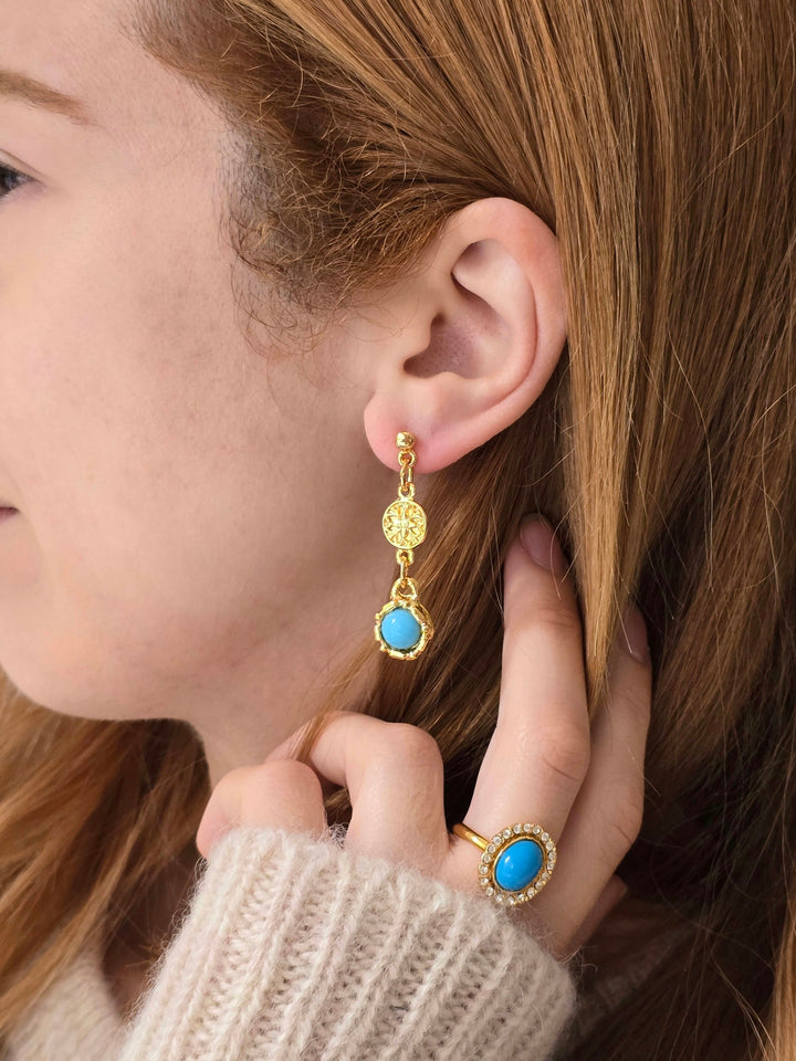 Vintage 80s Gold Plated Turquoise Drop Earring and Cocktail Ring Set