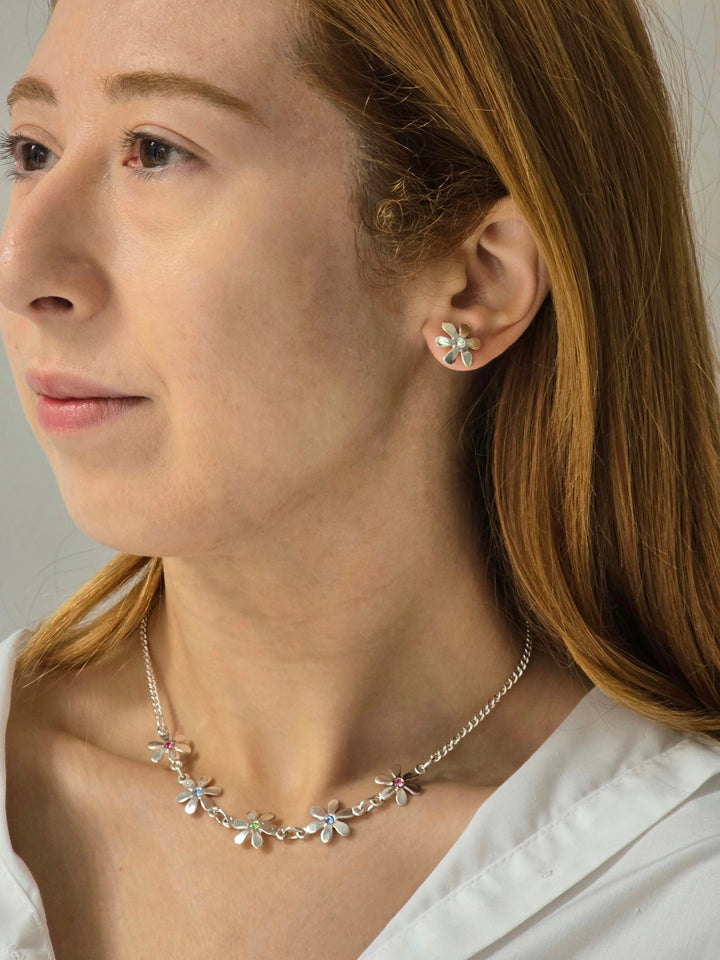Vintage Silver Plated Flower Crystal Necklace and Earring Set