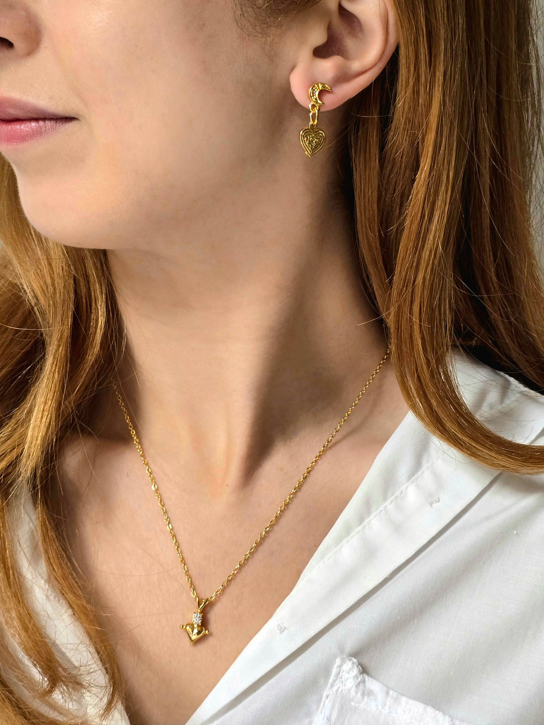 Vintage Gold Plated Heart Charm Necklace and Earring Set