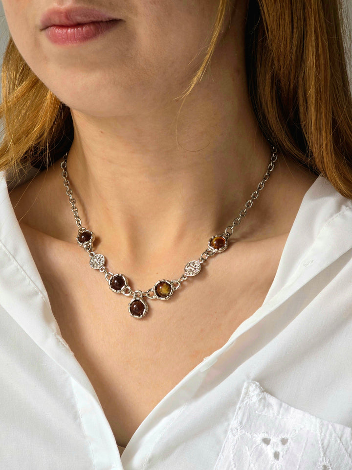 Vintage Silver Plated Statement Chain Necklace with Brown Charm by Legacy