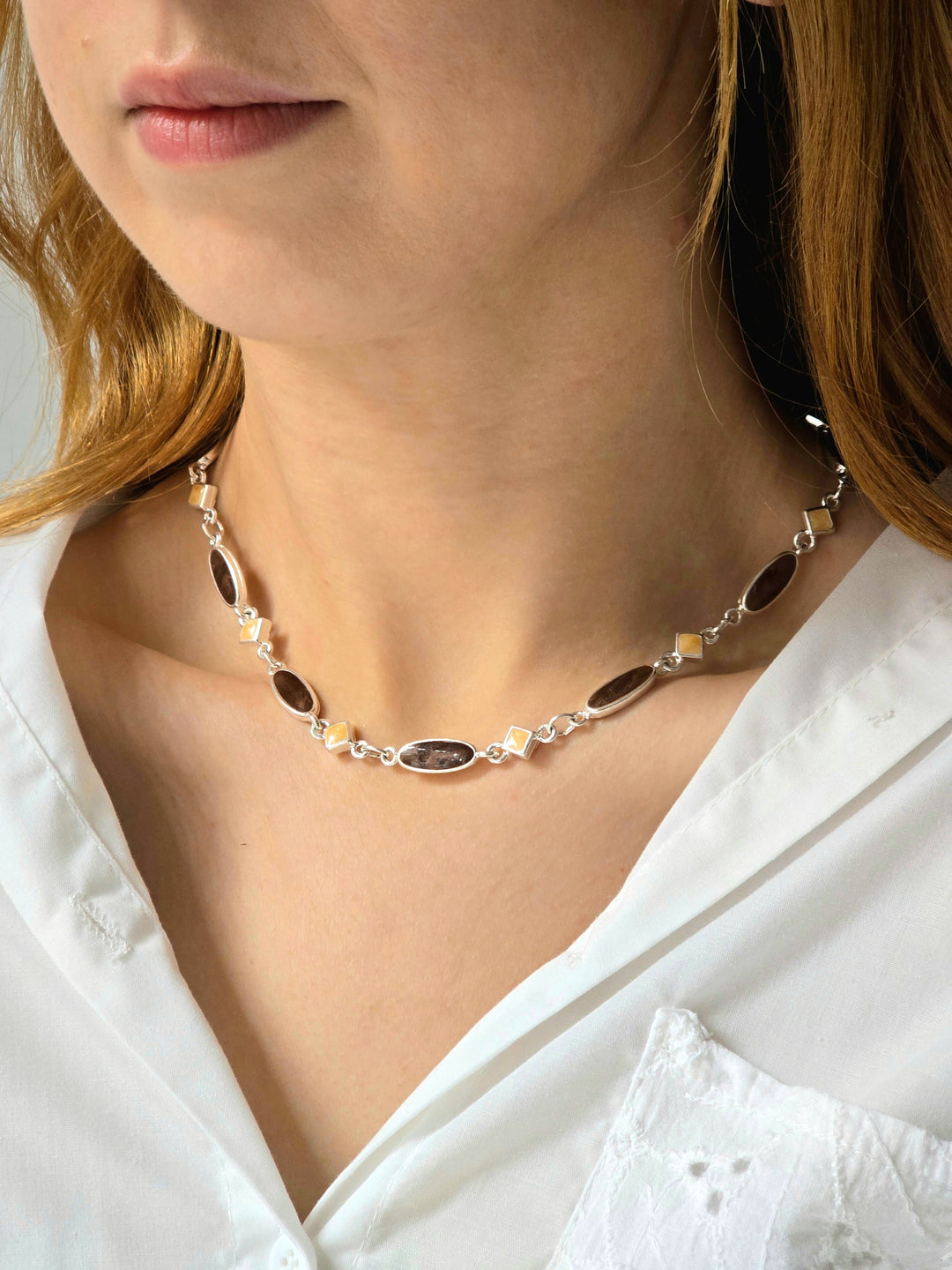 Vintage Silver Plated Chain Necklace with Burgundy and Cream Enamel