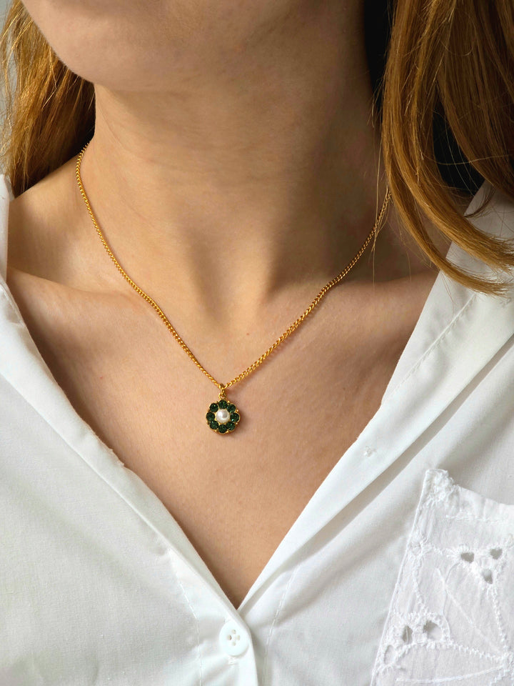 Vintage Gold Plated Chain Necklace with Pearl & Green Crystal Charm
