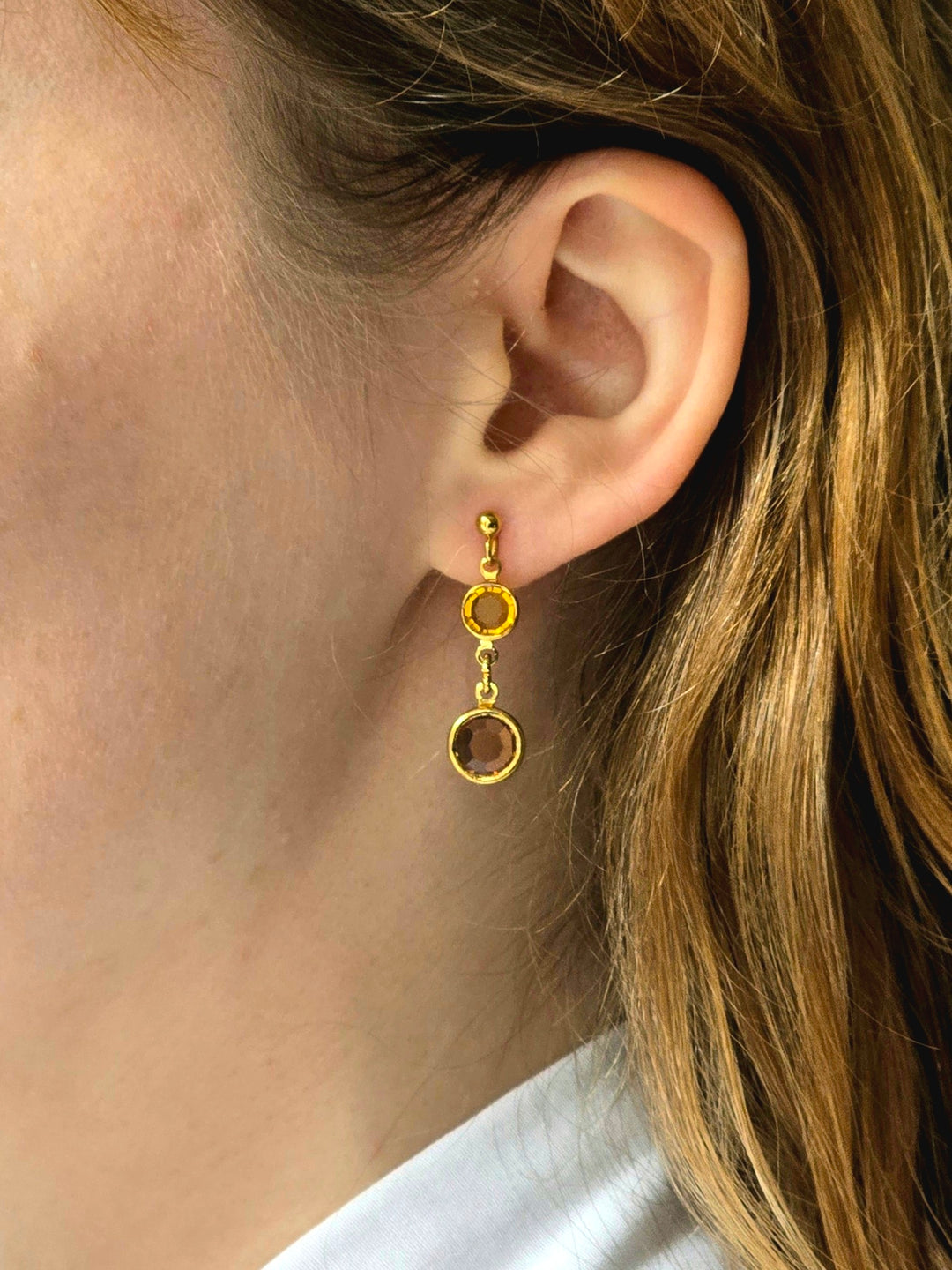 Vintage Gold Plated Amber Crystal Drop Earrings