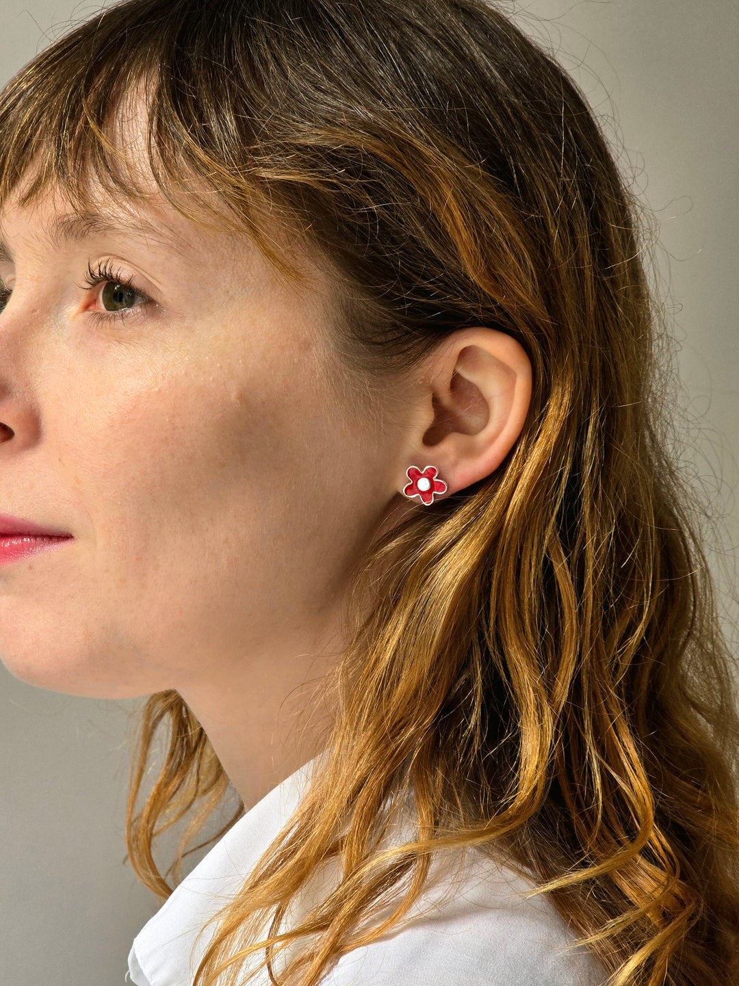 Vintage Silver Plated Red Enamel Flower Stud Earrings