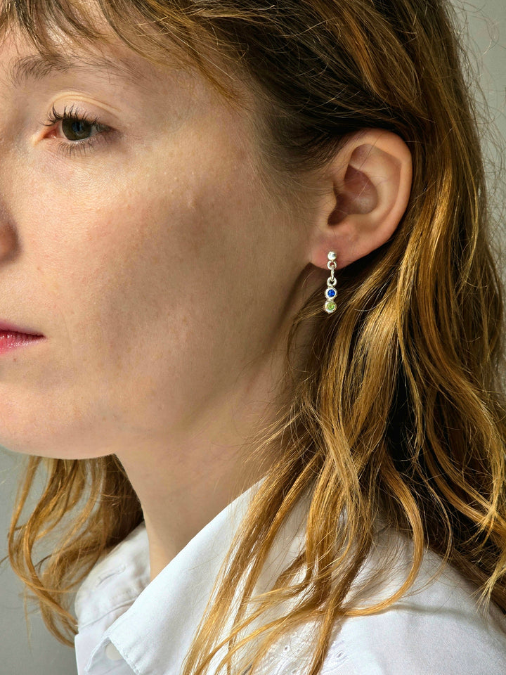 Vintage Silver Plated Blue & Green Crystal Dainty Drop Earrings