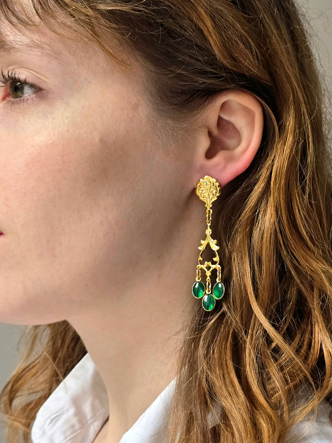 Vintage Gold Plated Statement Drop Earrings with Green Enamel