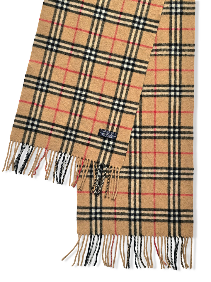 Vintage Burberry Merino Wool and Cashmere Classic Beige Checked Scarf
