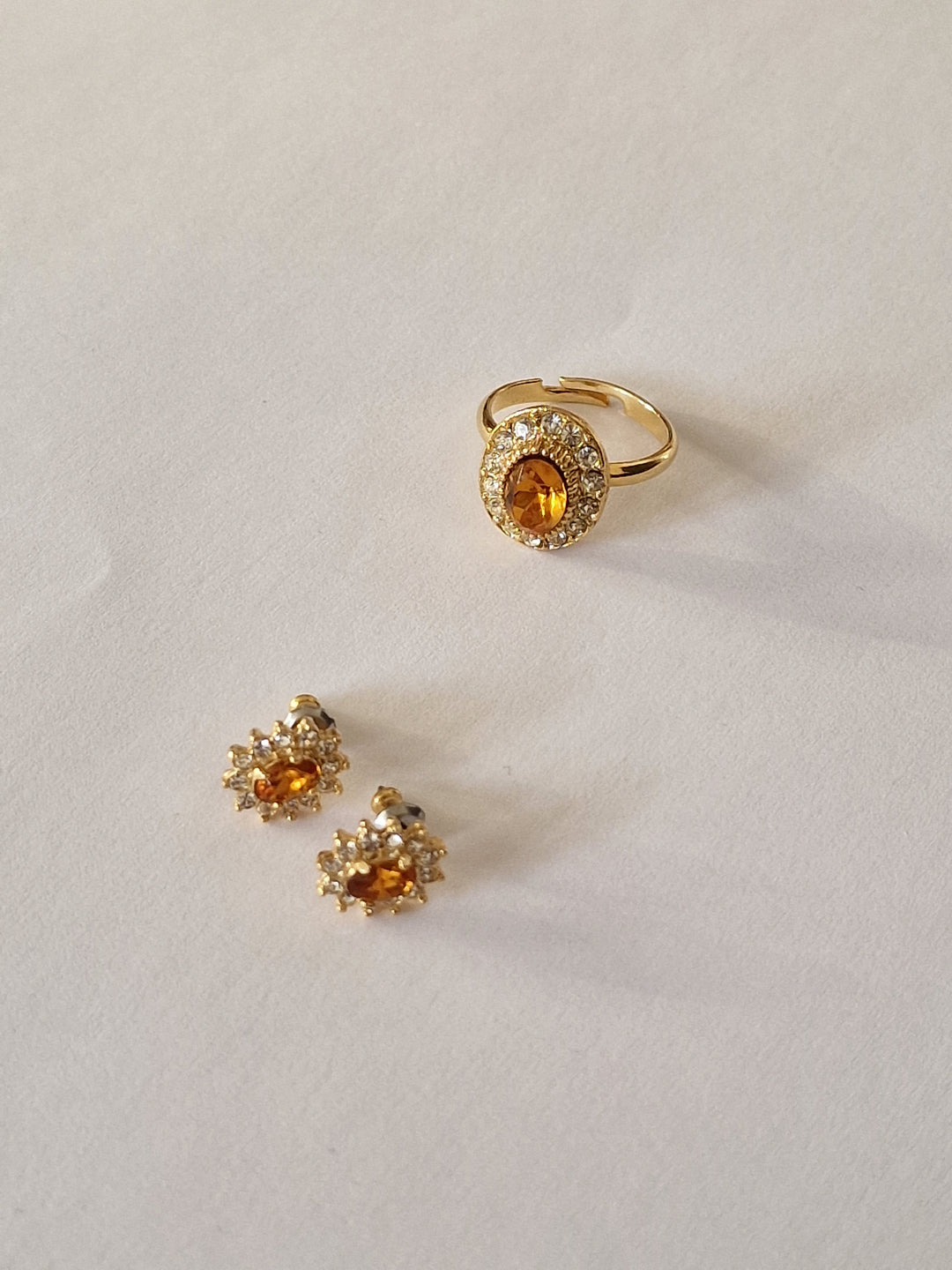 Vintage 80s Gold Plated Amber Crystal Cluster Stud Earrings and Ring Set