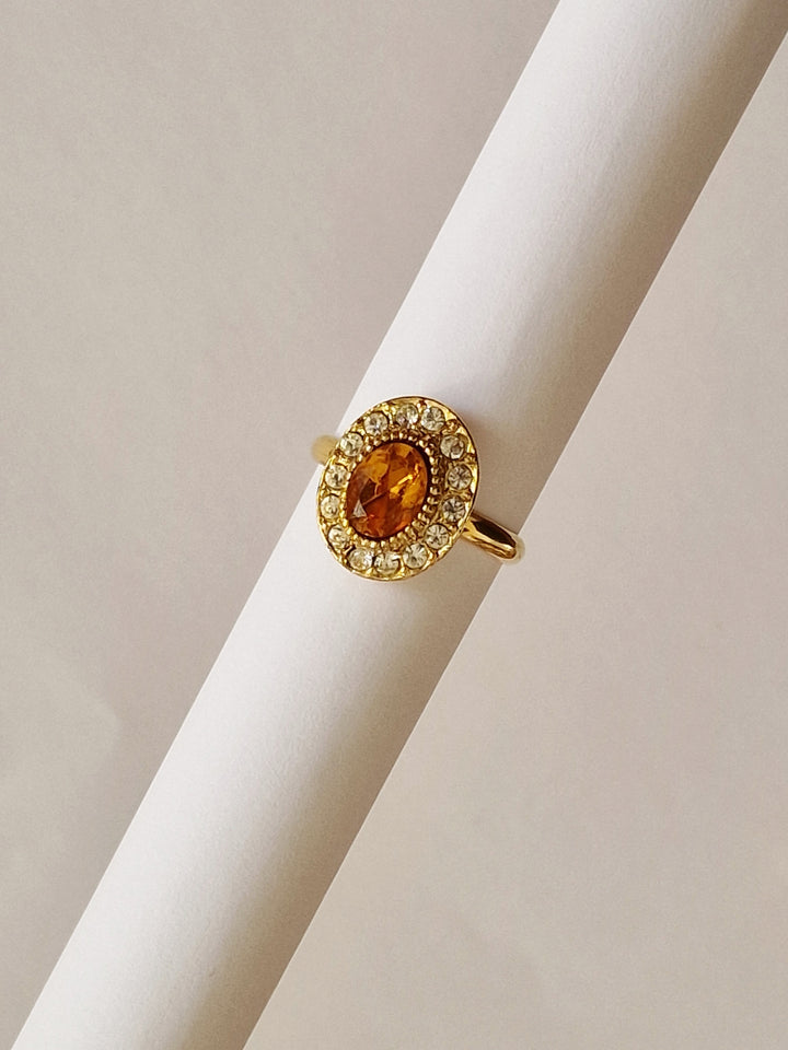 Vintage Gold Plated Amber Oval Cocktail Ring with Crystals