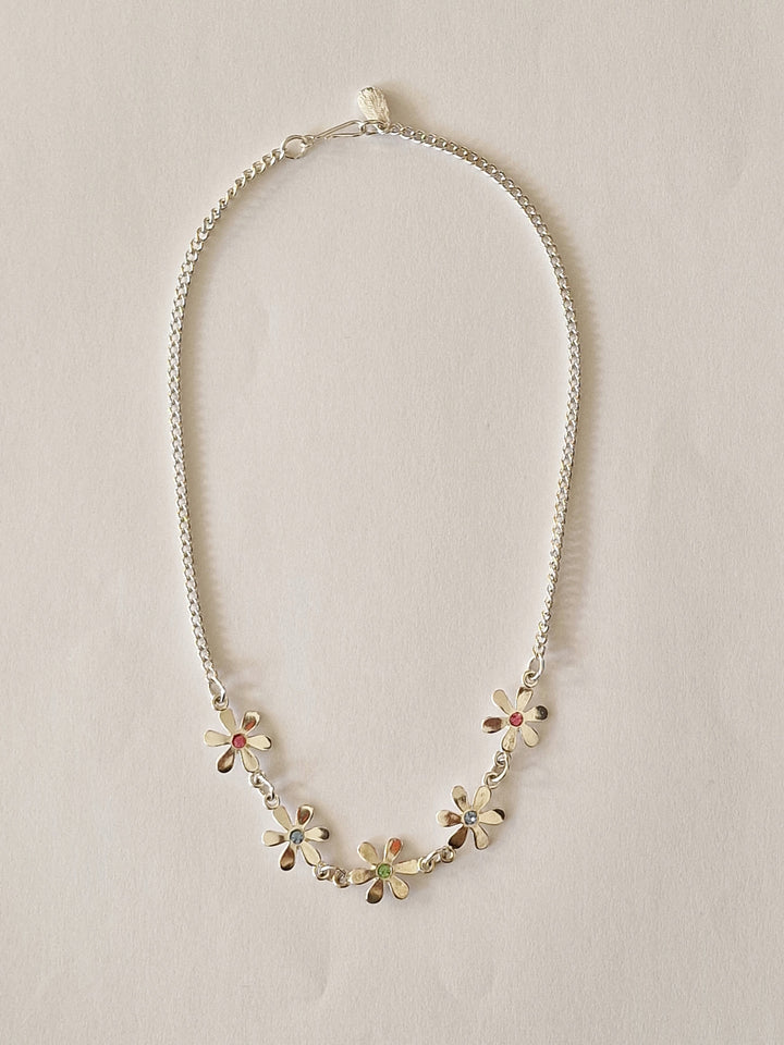 Vintage Silver Plated Flower Crystal Necklace and Earring Set