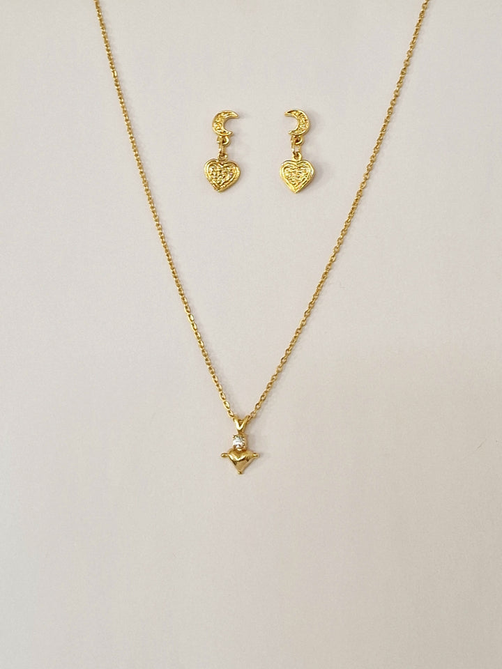 Vintage Gold Plated Heart Charm Necklace and Earring Set