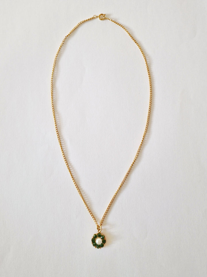 Vintage Gold Plated Chain Necklace with Pearl & Green Crystal Charm