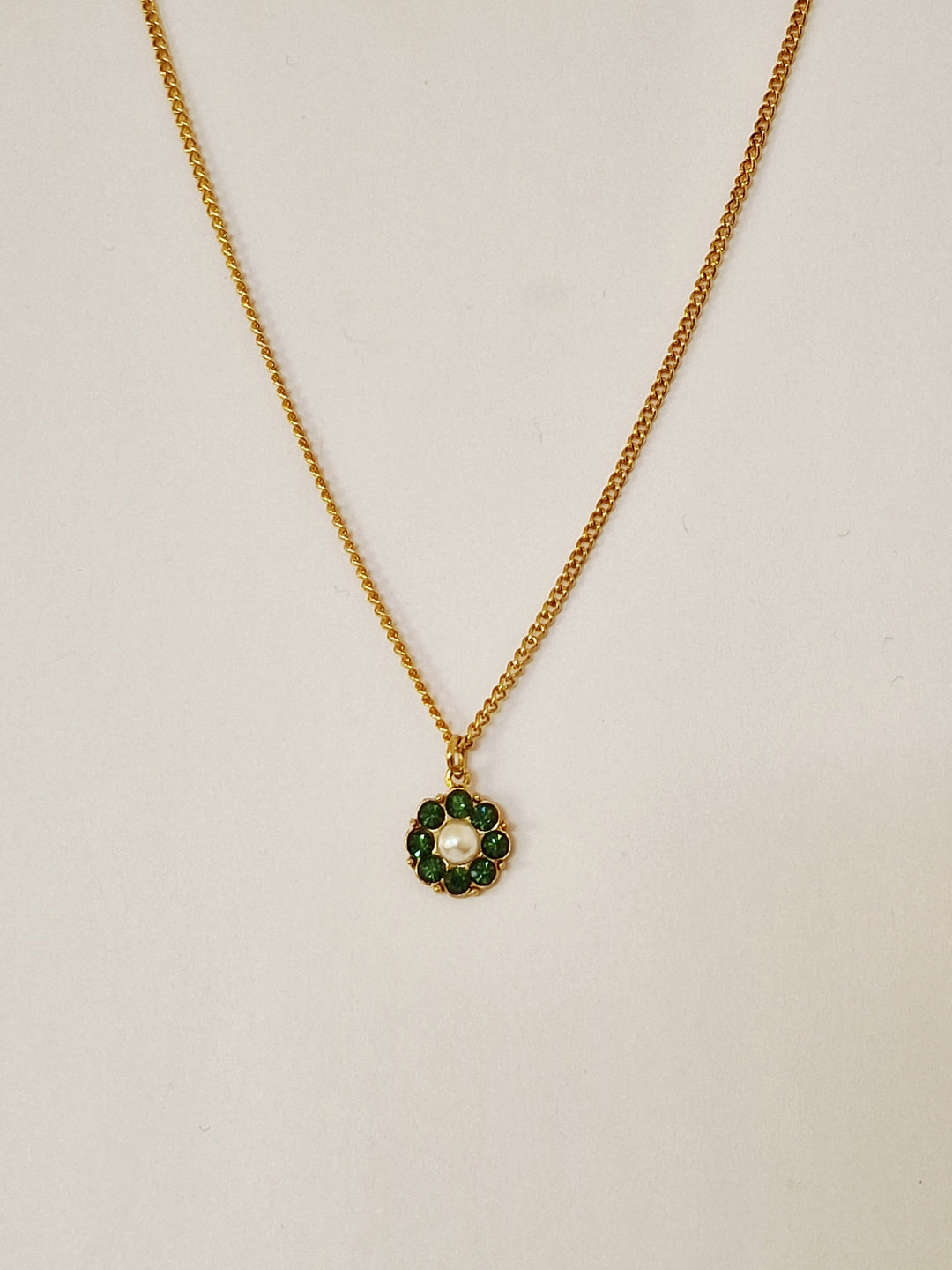 Vintage Gold Plated Chain Necklace with Pearl & Green Crystal Charm