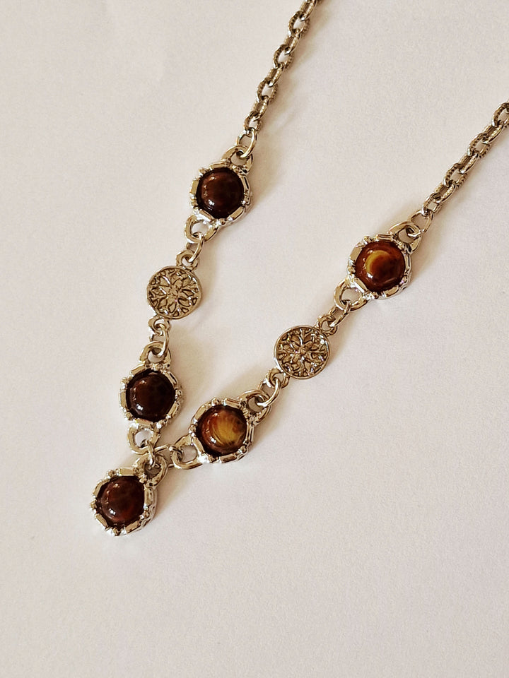 Vintage Silver Plated Statement Chain Necklace with Brown Charm by Legacy