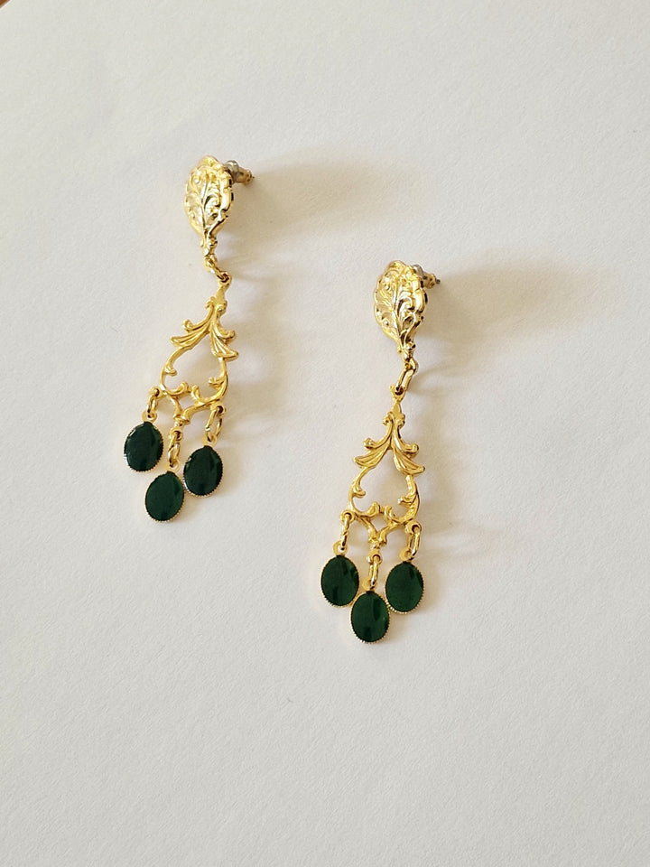 Vintage Gold Plated Statement Drop Earrings with Green Enamel