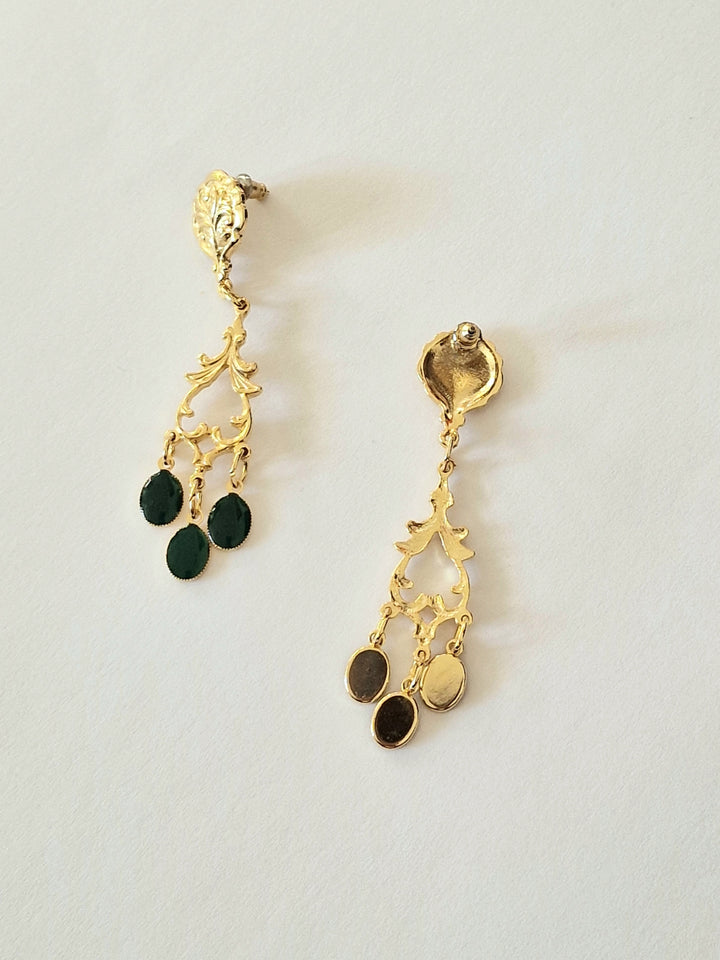 Vintage Gold Plated Statement Drop Earrings with Green Enamel