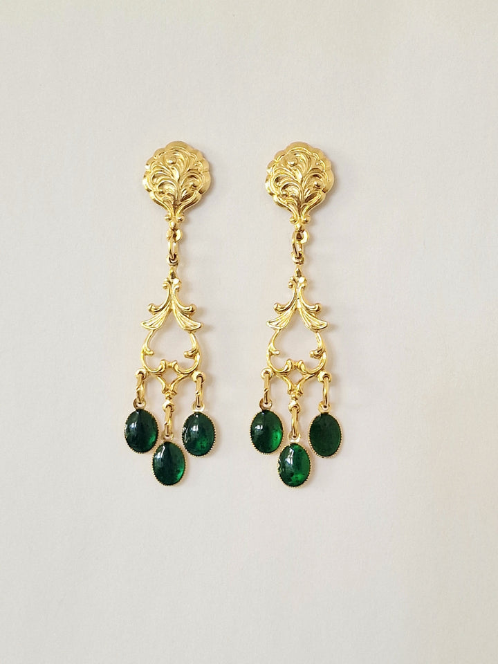 Vintage Gold Plated Statement Drop Earrings with Green Enamel