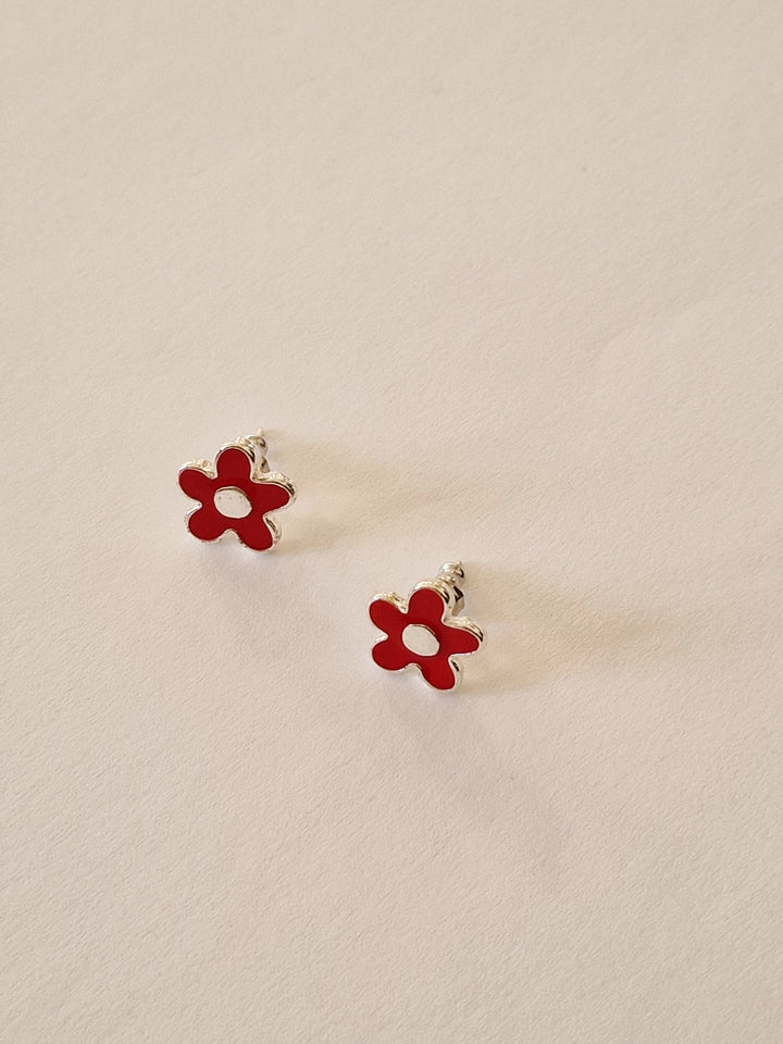 Vintage Silver Plated Red Enamel Flower Stud Earrings