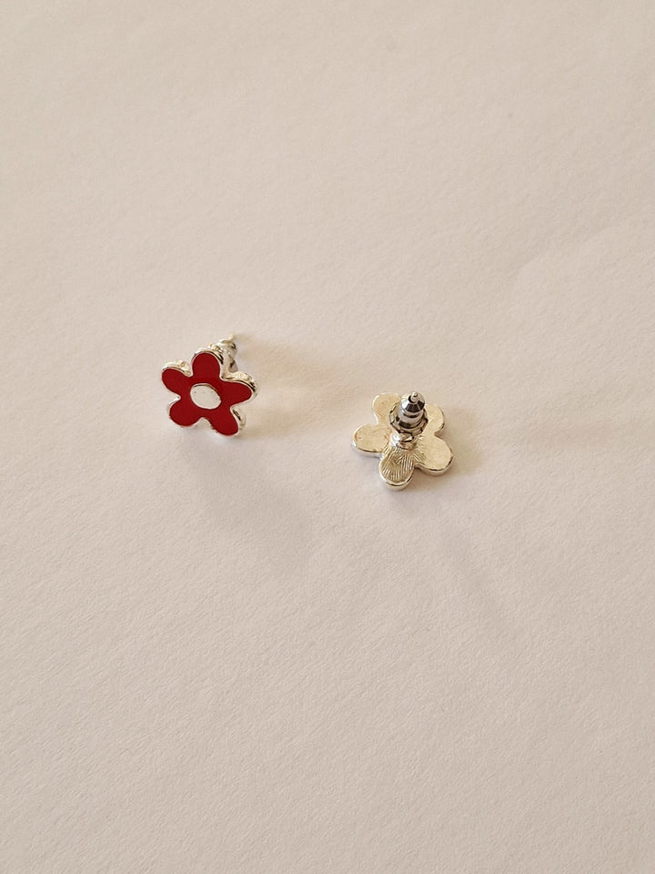 Vintage Silver Plated Red Enamel Flower Stud Earrings