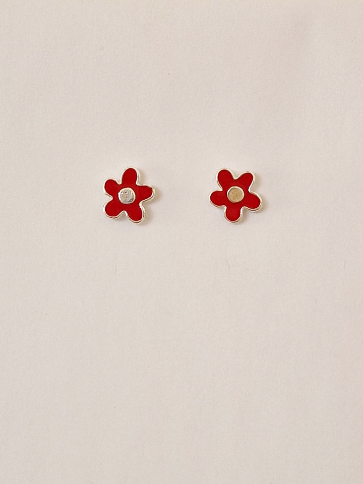 Vintage Silver Plated Red Enamel Flower Stud Earrings