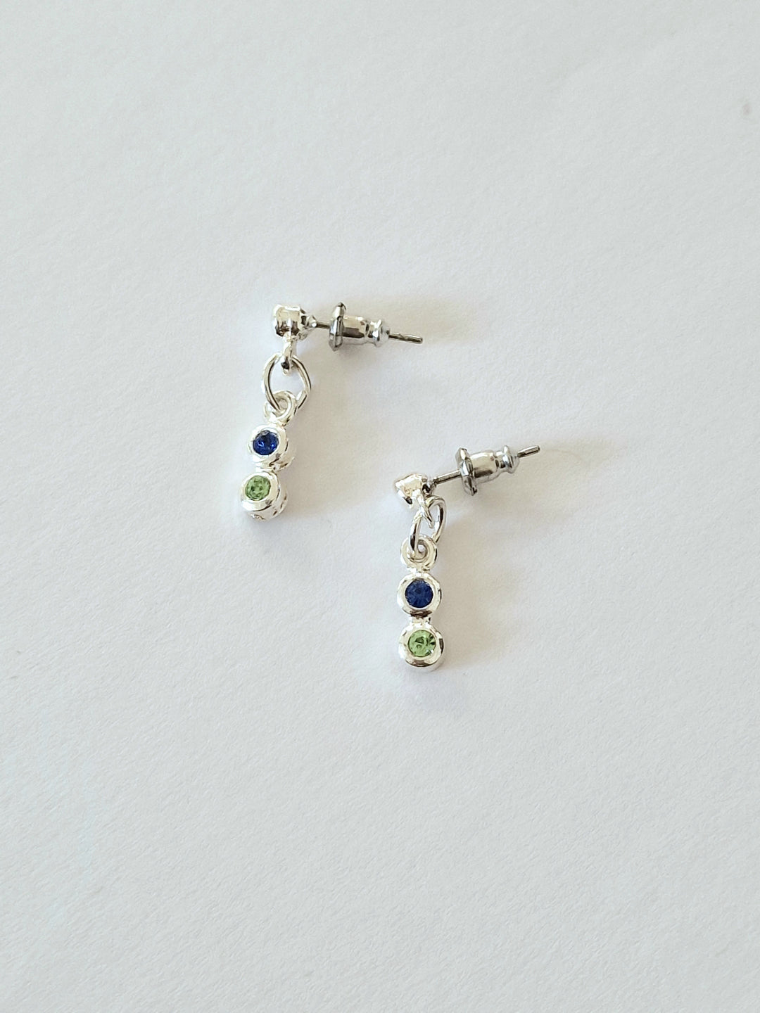Vintage Silver Plated Blue & Green Crystal Dainty Drop Earrings