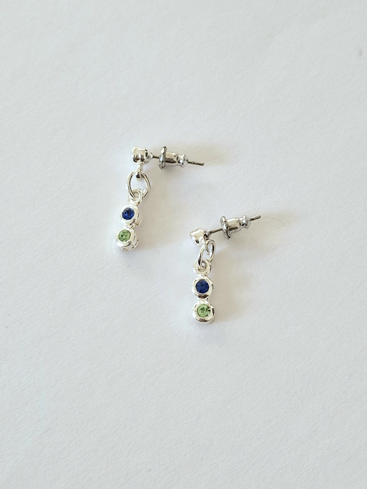 Vintage Silver Plated Blue & Green Crystal Dainty Drop Earrings