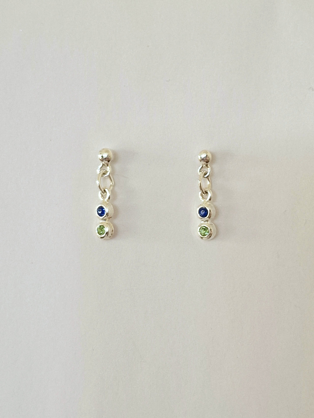 Vintage Silver Plated Blue & Green Crystal Dainty Drop Earrings