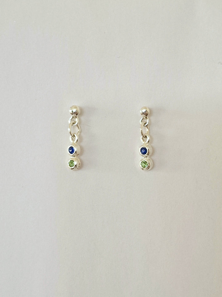 Vintage Silver Plated Blue & Green Crystal Dainty Drop Earrings