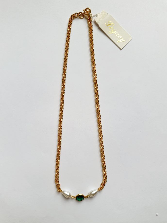 Vintage Gold Plated Chain Necklace with Pearls & Green Crystal