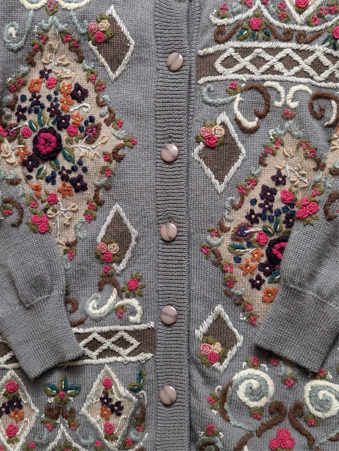 Vintage Grey Lilac Pure Wool Embroidered Button Up Knitted Cardigan - M