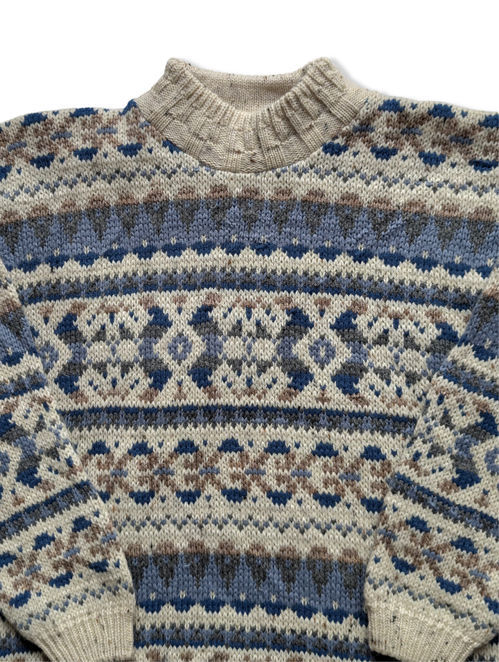 Vintage Cream And Blue Nordic Style Patterned Knitted Jumper - S/M