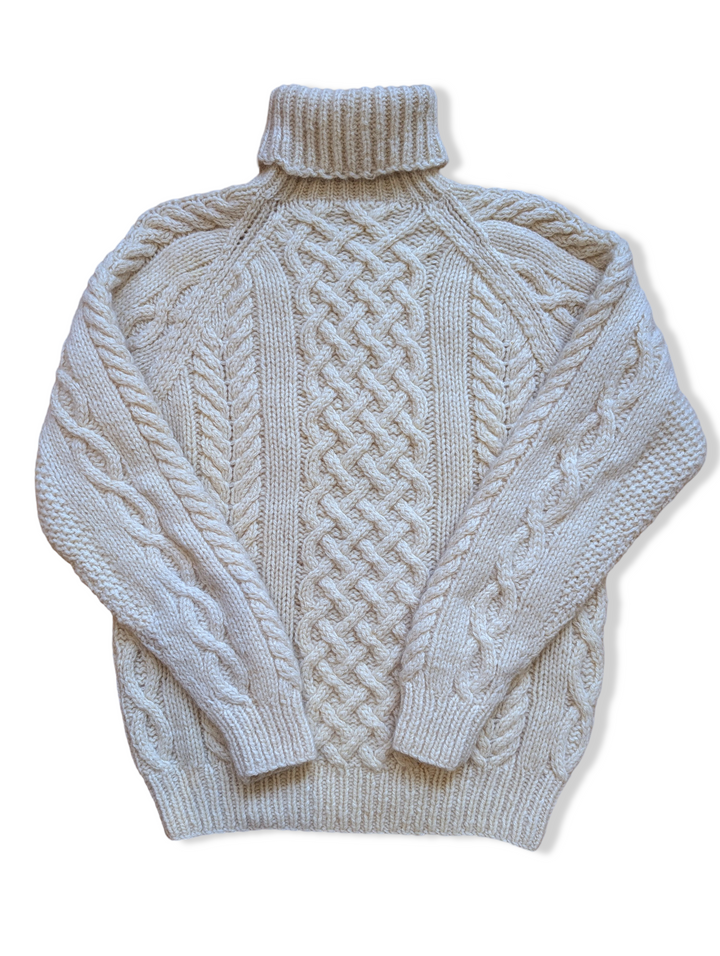 Vintage Cream Pure Wool Turtleneck Cable Knit Aran Jumper - S