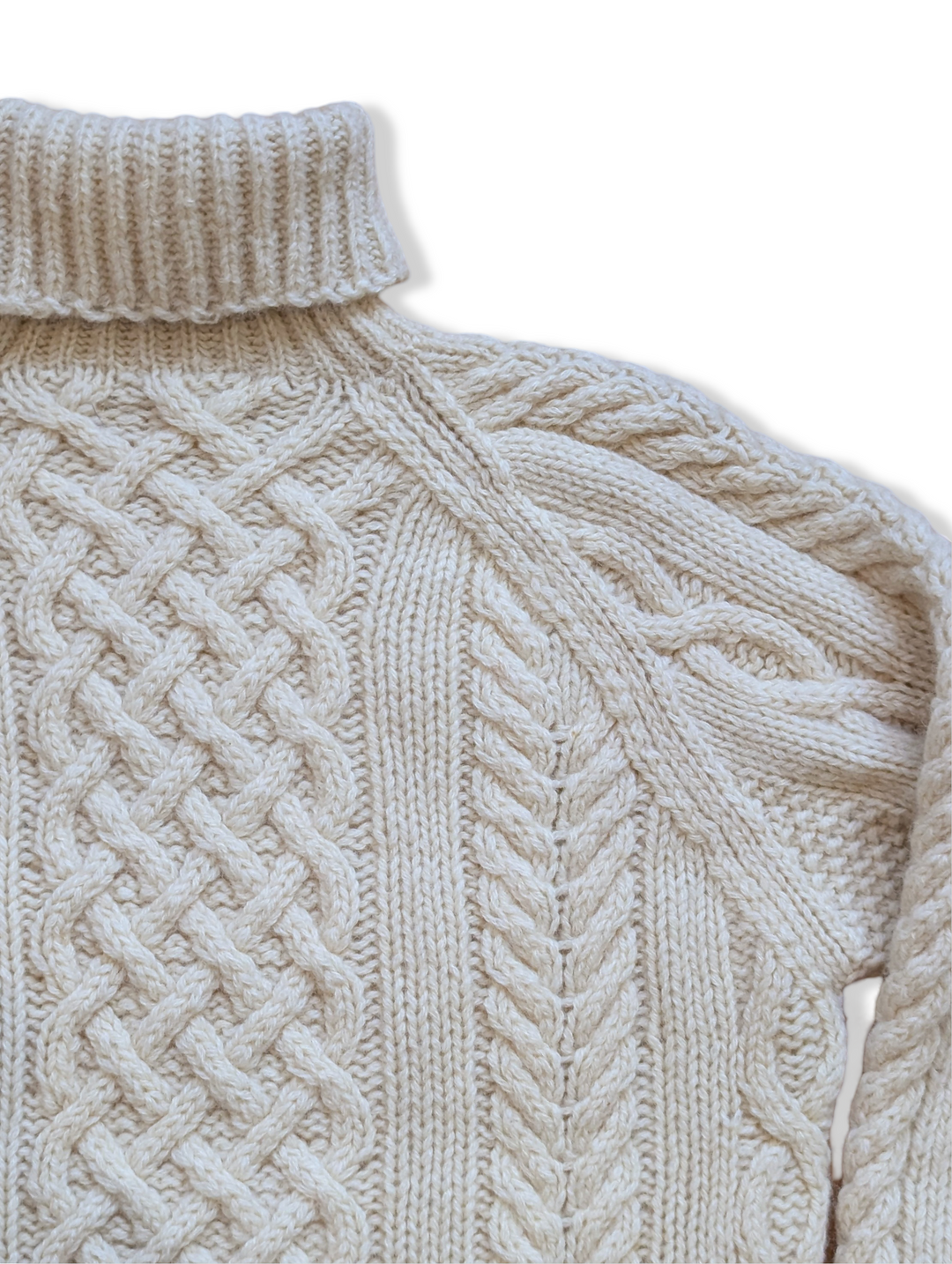 Vintage Cream Pure Wool Turtleneck Cable Knit Aran Jumper - S