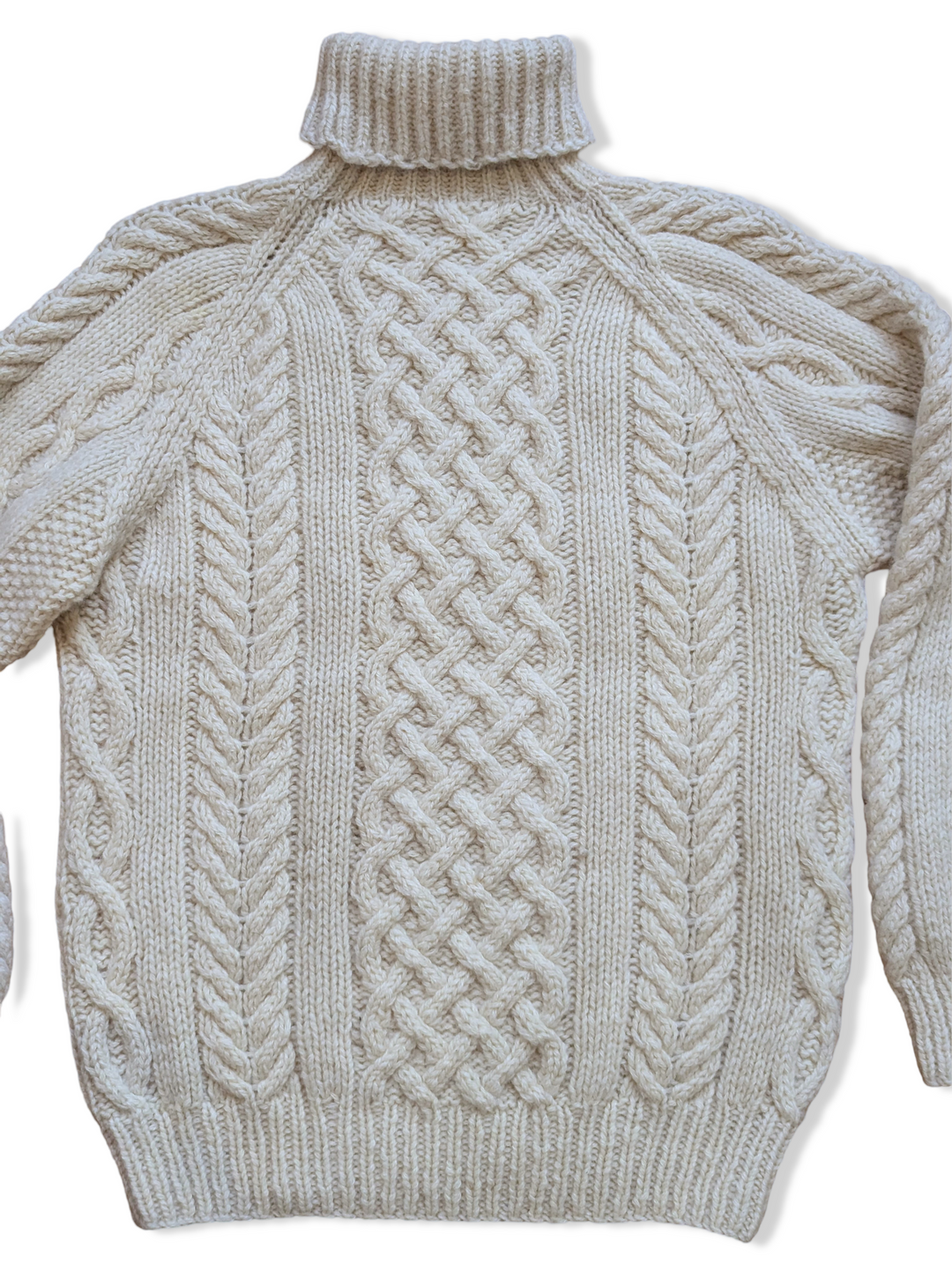 Vintage Cream Pure Wool Turtleneck Cable Knit Aran Jumper - S