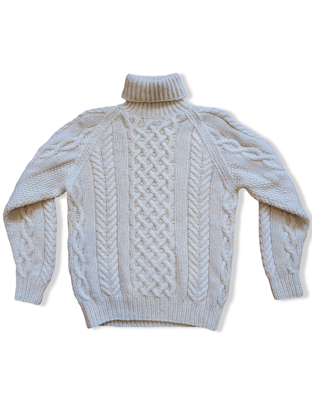 Vintage Cream Pure Wool Turtleneck Cable Knit Aran Jumper - S