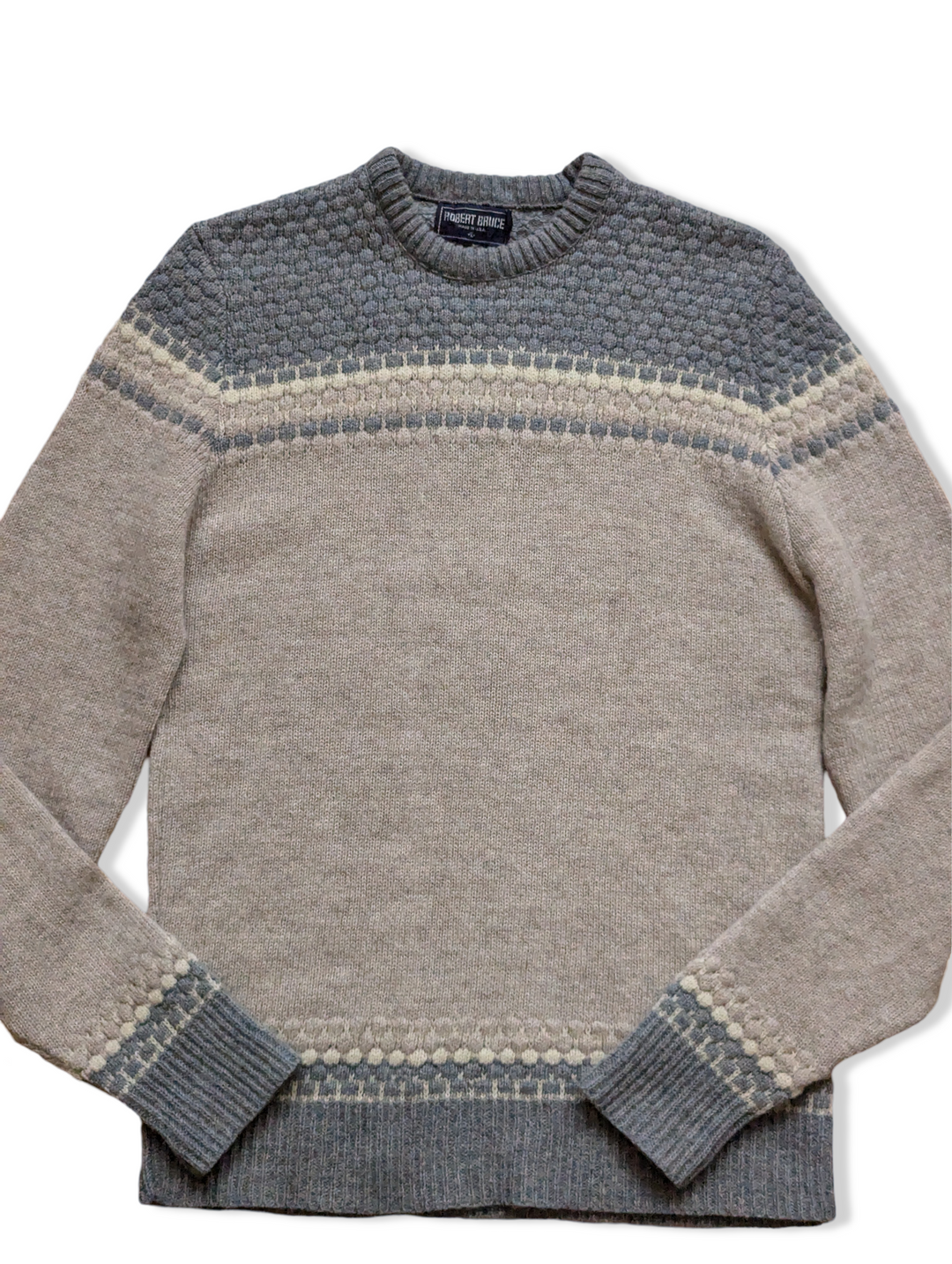 Vintage Light Blue and Beige Pure Wool Knitted Jumper - M