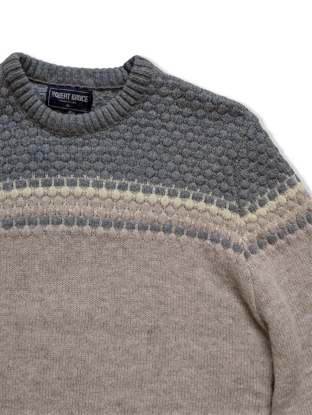 Vintage Light Blue and Beige Pure Wool Knitted Jumper - M