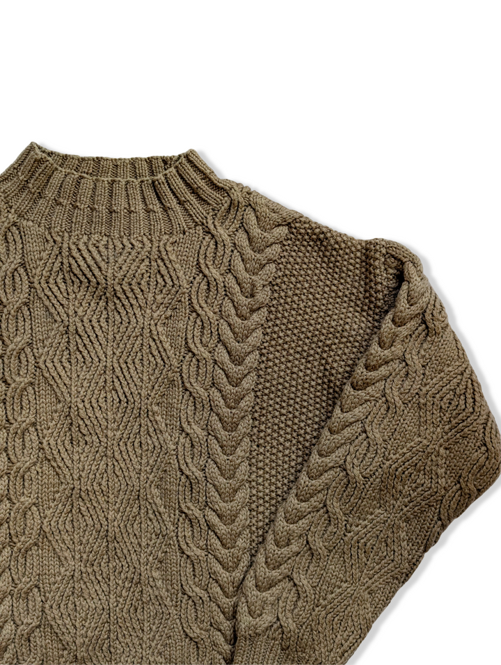 Vintage Brown Pure Wool Cable Knit Aran Jumper - M/L