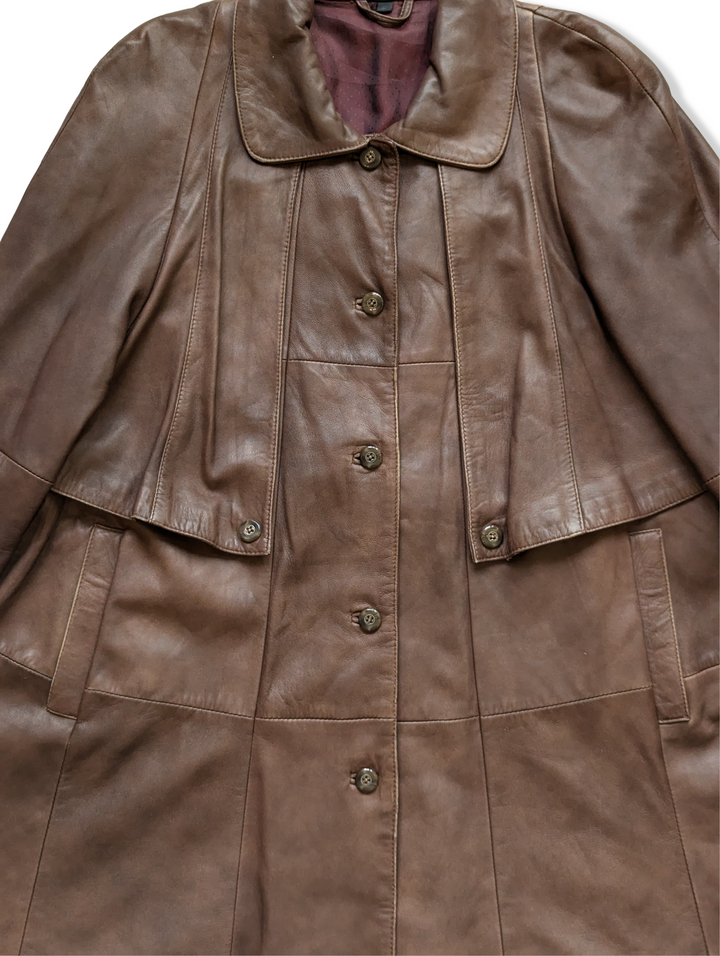 Vintage Brown Leather Long Trench Coat - M